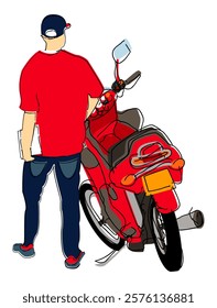 A hand-drawn illustration depicting a young man standing beside his red motorcycle. Sketch drawing isolated on white.