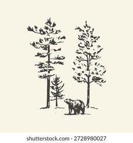 A hand-drawn illustration depicts a bear in a forest setting with pine trees, rendered in a classic, vintage style.
