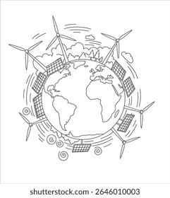 A hand-drawn illustration depicts Earth surrounded by wind turbines and solar panels, symbolizing clean energy and environmental sustainability.
