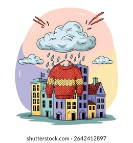 A hand-drawn illustration depicts a knitted sweater hanging from a clothes hanger amidst a cityscape under a rain cloud.  The style is whimsical and colorful.