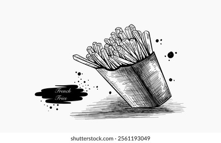 A hand-drawn illustration depicts a serving of french fries in a paper carton, showcasing a detailed black and white sketch style.