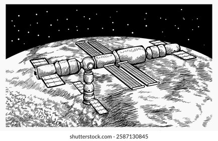 A hand-drawn illustration depicts a space station in orbit around a planet, showcasing intricate details of its structure and solar panels against a starry backdrop.