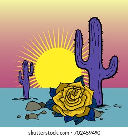 Hand-drawn illustration with the desert, cactus, rose. Vector drawing, great for textile print or poster. 