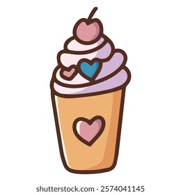 Hand-drawn illustration of a dessert cup with whipped cream and heart decoration, perfect for love-themed designs and Valentine's Day projects