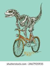 Hand-drawn illustration of a dinosaur skeleton riding a bicycle. Used for decoration, prints on t-shirts, etc.	