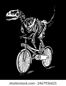 Hand-drawn illustration of a dinosaur skeleton riding a bicycle. Art for decoration, prints on t-shirts, etc.	