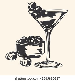 Hand-drawn illustration of dirty martini cocktail drink. Ideal for bar menus, drink recipe cards, or cocktail-related branding projects.