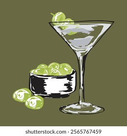 Hand-drawn illustration of a dirty martini with an olive garnish, set against a sleek, minimalist background, perfect for cocktail-themed designs .Ideal for bar menus, drink recipe cards, or cocktail