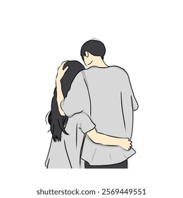 A hand-drawn illustration displaying a couple embracing warmly, symbolizing comfort, intimacy, and support. Their closeness radiates affection and serenity, communicated beautifully through soft 