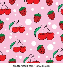 Hand-drawn illustration displaying strawberries and cherries against a polka-dotted backdrop. Versatile and vibrant, ideal for designs, prints, or adding fruity elements to visuals.