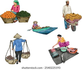Hand-drawn illustration of diverse street vendors selling fruits, seafood, and goods, including a boat vendor and a man with a wheelbarrow, depicting traditional market life.