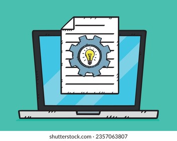 Hand-drawn illustration of a document with a gear wheel and a light bulb in it. The document is laid on a laptop screen and symbolizes creativity, and industriousness. Vector doodle. Made by human.