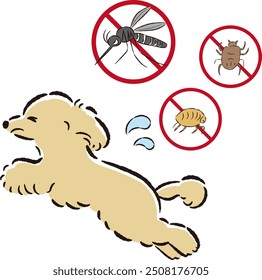 Hand-drawn illustration of a dog and pests. A rough and stylish impression. Vector illustration.