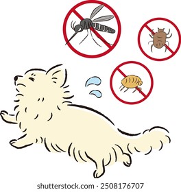 Hand-drawn illustration of a dog and pests. A rough and stylish impression. Vector illustration.