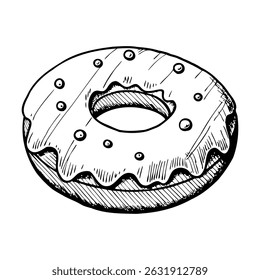 A hand-drawn illustration of a donut with icing and sprinkles. The donut is round with a hole in the center, showcasing a classic dessert design.