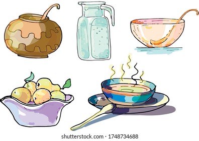 Hand-drawn illustration of doodle set with kitchen utensils. A bowl of soup, a jug of water, lemonade. A bowl of fruit, a pot of porridge. Print, textile, paper.