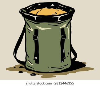 A hand-drawn illustration of a durable olive green roll-top waterproof bag designed for hiking and outdoor activities.