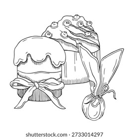 Ilustração desenhada à mão de bolos de Páscoa com um arco e bagas e ovo de Páscoa tingido em estilo de esboço detalhado gráfico