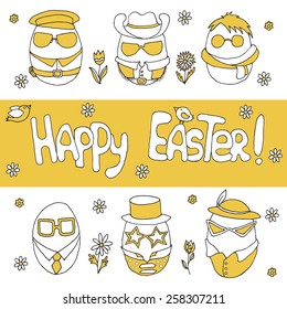 Hand-drawn illustration with easter eggs, flowers and birds on isolated background