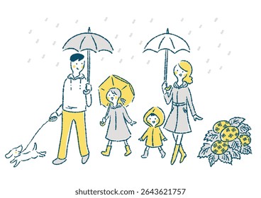 Hand-drawn illustration of a family of four taking a walk with their dog in the rain.(few colors)