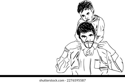 A hand-drawn illustration of a family of migrants in the coronavirus pandemic, showcasing a father carrying his son on his shoulder with a melancholic expression