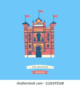 Hand-drawn illustration of a famous bullring located in central Madrid, Spain
