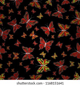 Hand-drawn illustration. Fashion Fabric Design. Pictures in black, red and brown colors. Vector. Beautiful seamless pattern of cute butterflies.