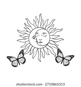 Ilustração desenhada à mão apresentando sol celestial e rosto da lua com borboletas delicadas. Design vetorial isolado em fundo branco. Ótimo para projetos artísticos.