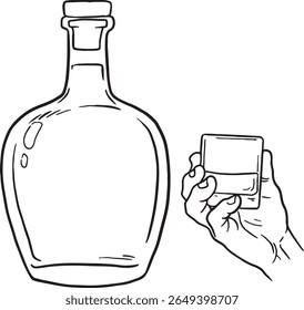 A hand-drawn illustration featuring a classic liquor decanter and a hand holding a glass with a drink. Perfect for bar menus, beverage promotions, or designs related to spirits, cocktails, and leisure