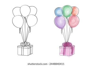 Eine handgezeichnete Illustration mit einem bunten Geschenk mit einem Bogen oben, umgeben von pulsierenden Luftballons, die in der Luft schweben