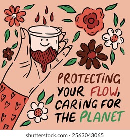 Hand-drawn illustration featuring a feminine hand holding a menstrual cup surrounded by delicate flowers, accompanied by the empowering lettering 'Protecting your flow, caring for the planet.' 