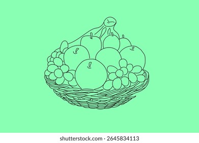 A hand-drawn illustration featuring a mix of apples and grapes in a rustic woven basket. Great for farm-to-table designs, juice packaging, or fresh produce advertising.