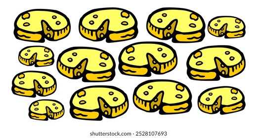 ilustração desenhada à mão com várias rodas de queijo de desenho animado e fatias com buracos, perfeito para projetos com temática de alimentos 