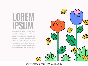 Hand-drawn illustration featuring red and purple flowers with green leaves and yellow petals scattered around. Includes placeholder text for templates, spring themes, or botanical design