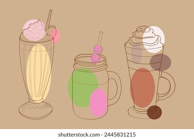 A hand-drawn illustration featuring three distinct types of beverages, showcasing their unique characteristics and colors