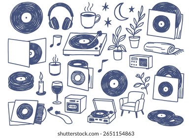 Uma ilustração desenhada à mão com discos de vinil, toca-discos, fones de ouvido e outros elementos, criando uma atmosfera acolhedora de escuta de música perfeita para o relaxamento