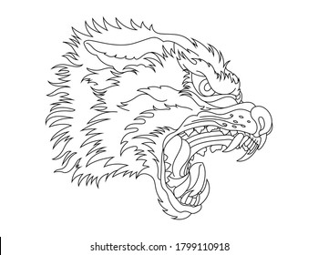 A hand-drawn illustration of a ferocious wolf’s head.