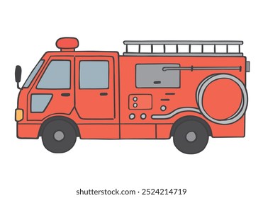 Ilustración dibujada a mano de un motor de bomberos visto desde el lado