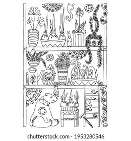 Hand-drawn illustration of flower pots racks shelves.coloring page. vector illustration.