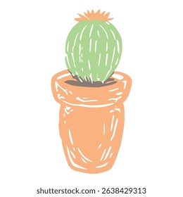 A hand-drawn illustration of a flowering barrel cactus potted in a pot, designed with minimalist elements and soft color tones. Ideal for home decor and botanical art projects.