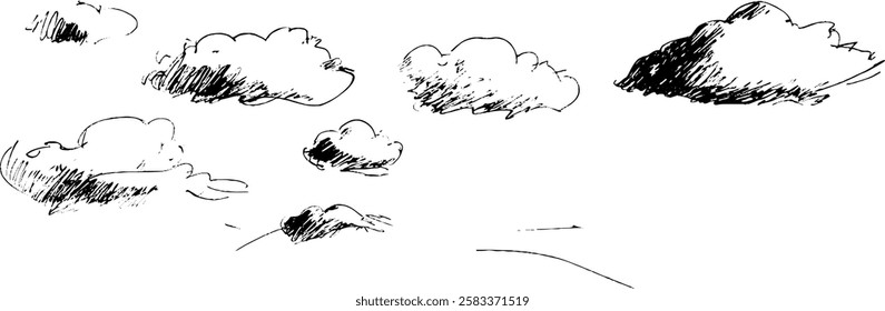 A hand-drawn illustration of fluffy clouds scattered across a white background, showcasing various shapes and sizes, with shading to add depth.