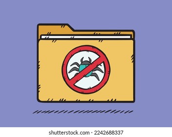Ilustración a mano de una carpeta junto con un signo de prohibición de gusanos y virus informáticos en la pantalla del portátil. Este signo indica que el antivirus se está ejecutando.