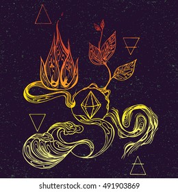 Hand-drawn illustration of four alchemy elements in line art style. Tattoo design, textiles print, postcard . Vector editable sketch isolated on vintage background. Drawing with nature energy symbols