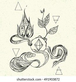 Hand-drawn illustration of four alchemy elements in line art style. Tattoo design, textiles print, postcard . Vector editable sketch isolated on vintage background. Drawing with nature energy symbols