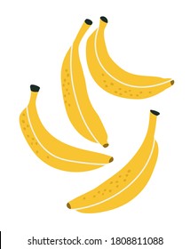 Hand-drawn illustration of four bananas. Colored flat cartoon vector illustration isolated on white background. Concept of healthy eating, summer mood, local farms.