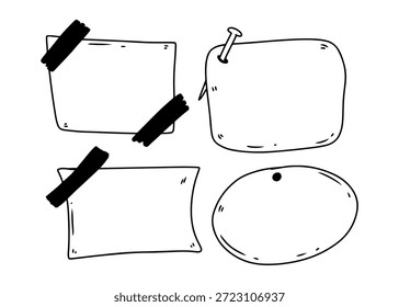 Uma ilustração desenhada à mão de quatro notas adesivas em branco e memorandos anexados a uma superfície com fita e uma tachinha.