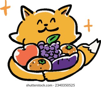Hand-drawn illustration of a fox holding a lot of fruit