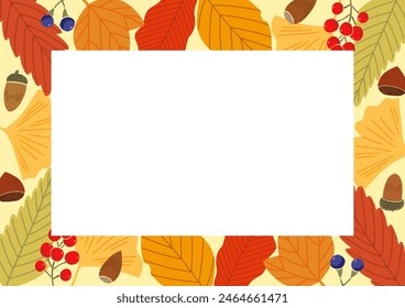 Hand-drawn illustration frame of autumnal fallen leaves and acorns or chestnuts