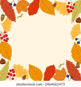 Hand-drawn illustration frame of autumnal fallen leaves and acorns or chestnuts