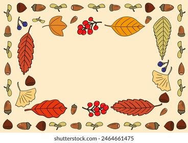 Hand-drawn illustration frame of autumnal fallen leaves and acorns or chestnuts